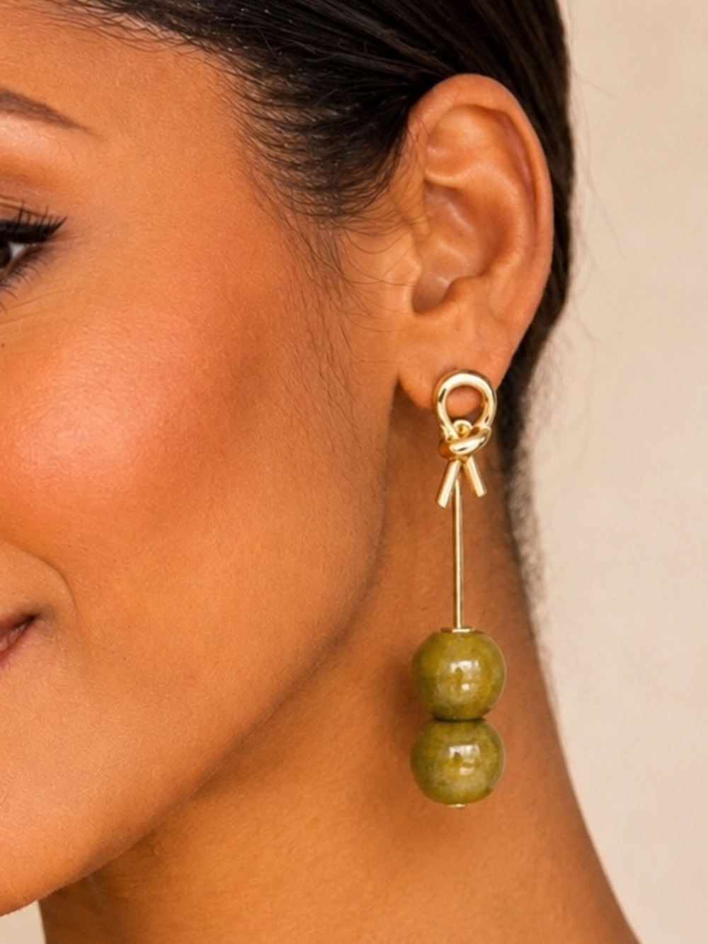 Piper K Olive Green Glass Beaded Dangle Earrings Gold Tone NIB